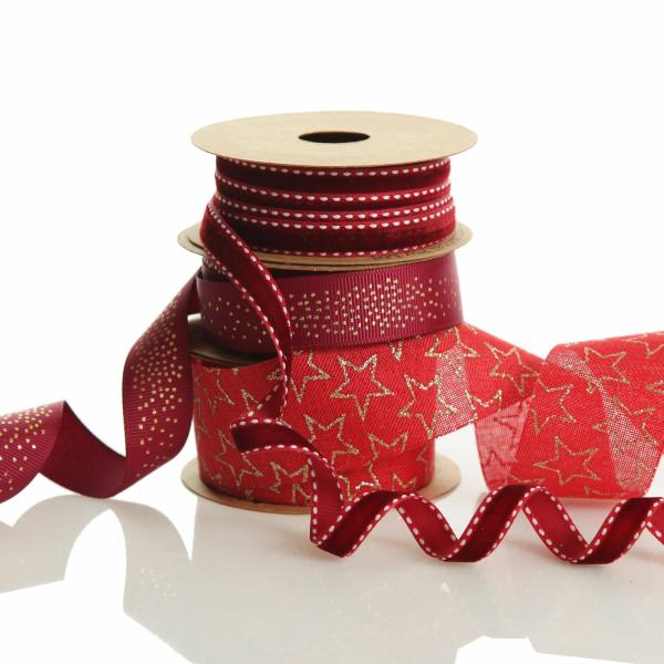 Ribbons | Three Assorted Burgundy And Gold Stars And Dots Christmas Ribbons Craft Ribbons