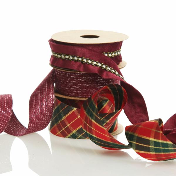 Ribbons | Three Assorted Burgundy Tartan And Braid Christmas Ribbons Craft Ribbons