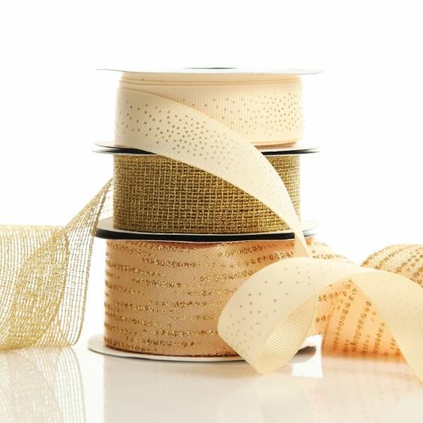 Ribbons | Three Assorted Ivory And Champagne Mesh And Glitter Dots Christmas Ribbons Craft Ribbons