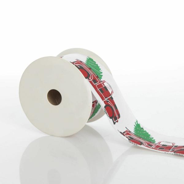 Ribbons | White Ribbon With Christmas Tree Farm Christmas Tree In Truck Print Craft Ribbons