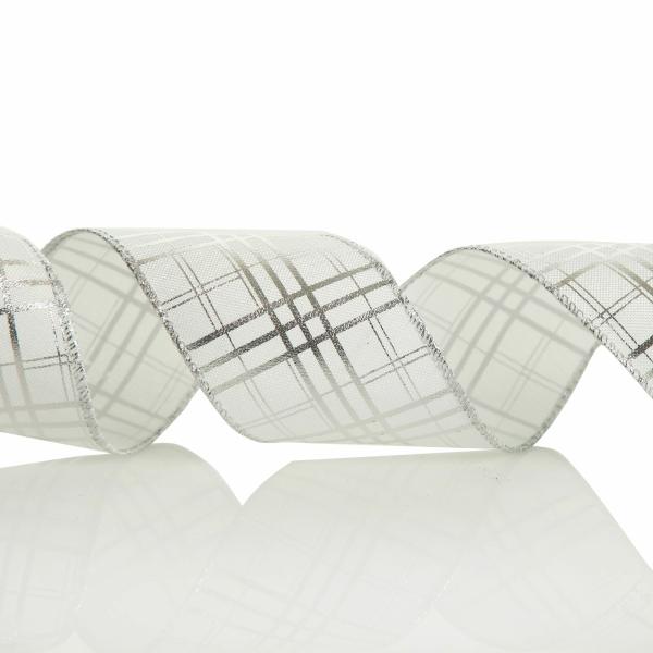 Ribbons | White With Silver Cross Pattern Wired Christmas Ribbon Craft Ribbons