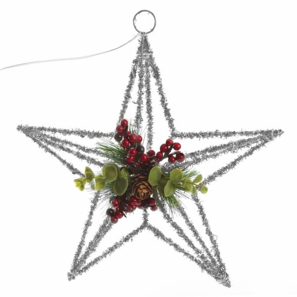 Snowflakes And Stars | Lightup Silver Tinsel Wire 3D Star Tree Topper With Cone And Berry Snowflakes And Stars Snowflakes And Stars