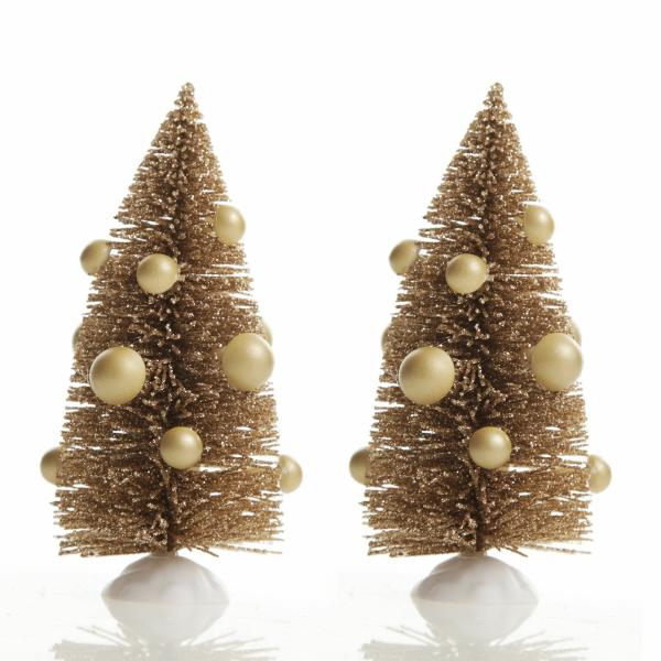 Table Top Christmas Trees | Mini Antique Gold Bottle Brush Tree With Pearls – Set Of 2 – 14Cm (H) Florals Table Top Christmas Trees