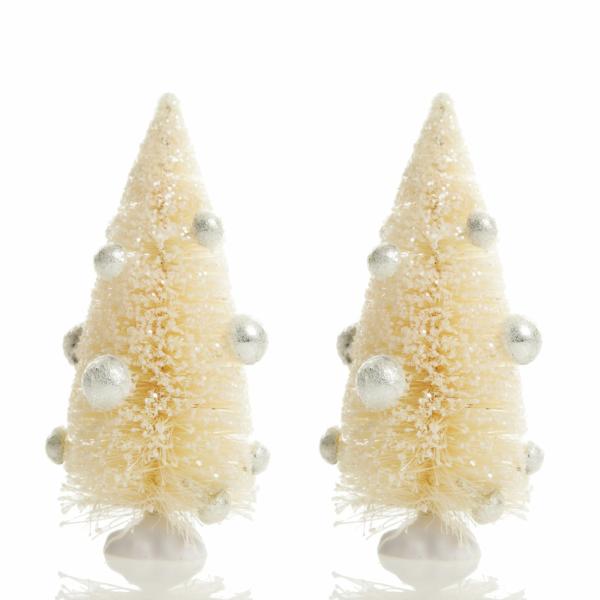 Table Top Christmas Trees | Mini Ivory Bottle Brush Tree With Pearls – Set Of 2 – 14Cm (H) Florals Table Top Christmas Trees