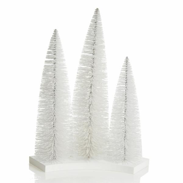 Table Top Christmas Trees | Trio Of White Table Top Christmas Trees On Wooden Base – 35Cm (H) Florals Table Top Christmas Trees