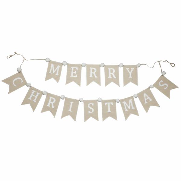 Tree Garlands | Natural Linen And White Merry Christmas Bunting With Pom Poms Tree Decorations Tree Garlands