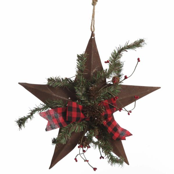 Tree Toppers | Rusted Tin Star Tree Topper With Buffalo Check Bow And Pine Tree Decorations Tree Toppers