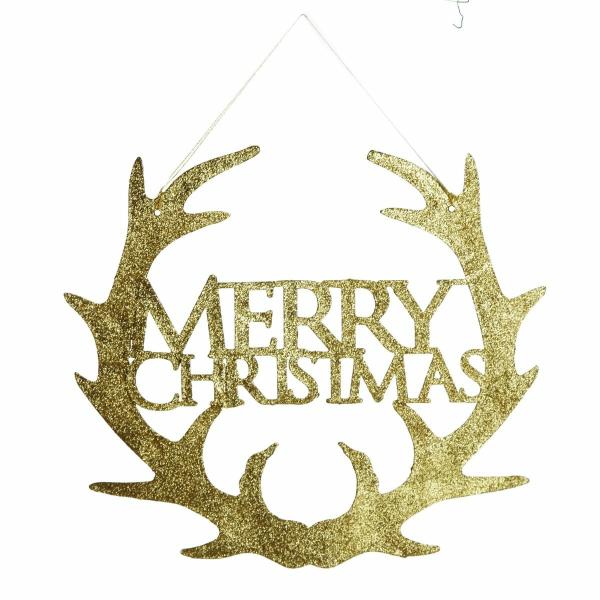 Wall Hangings And Signs | Gold Hanging Merry Christmas Sign With Antlers Decor Wall Hangings And Signs