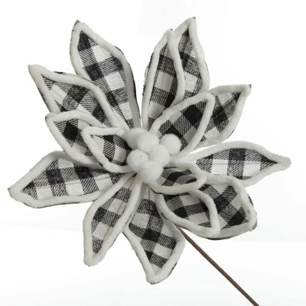 Christmas Flowers | Black And White Check Flower Stem With Fur Trim Christmas Flowers Christmas Flowers