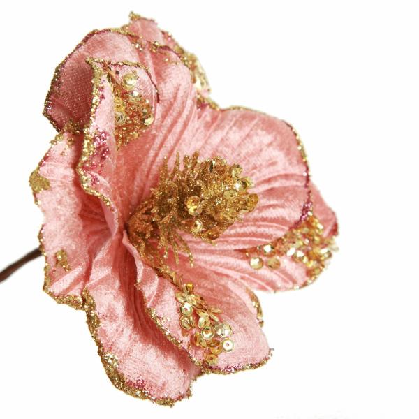 Christmas Flowers | Blush Velvet Magnolia Flower With Gold Sequin Tips Christmas Flowers Christmas Flowers