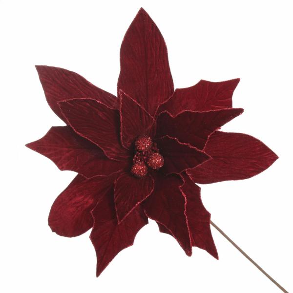 Christmas Flowers | Large Burgundy Poinsettia Flower Stem With Glitter Trim Christmas Flowers Christmas Flowers