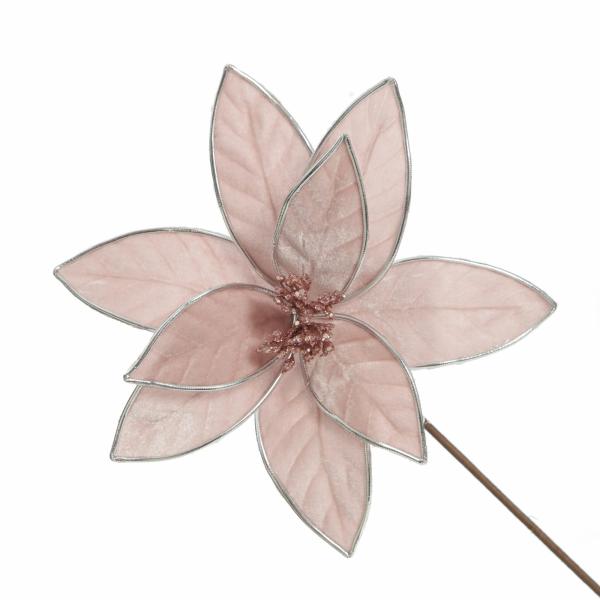 Christmas Flowers | Pink Velvet Flower Stem With Silver Trim Christmas Flowers Christmas Flowers