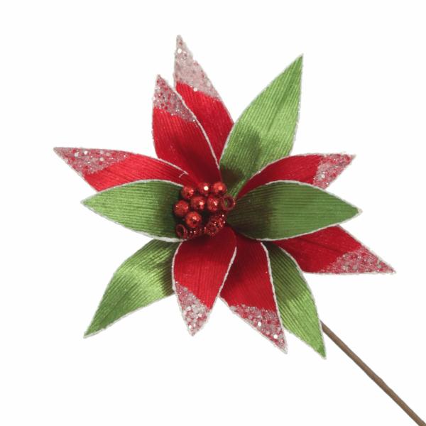 Christmas Flowers | Red And Green Ribbed Flower Stem With White Glitter Trim And Sequins Christmas Flowers Christmas Flowers