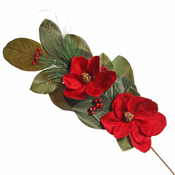 Christmas Flowers | Red Magnolia Flower Green Leaf And Pine Christmas Spray Christmas Flowers Christmas Flowers