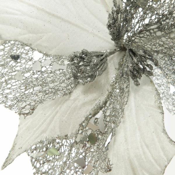 Christmas Flowers | Silver Mesh And White Satin Poinsettia Flower Clip Christmas Flowers Christmas Flowers