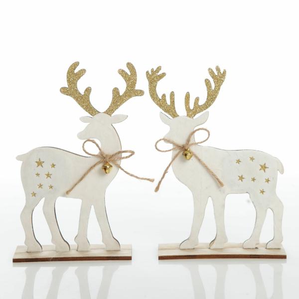 Christmas Birds And Animals | White Wood Deers With Gold Glitter Ornaments 26Cm(H) – Set Of 2 Christmas Birds And Animals Christmas Birds And Animals