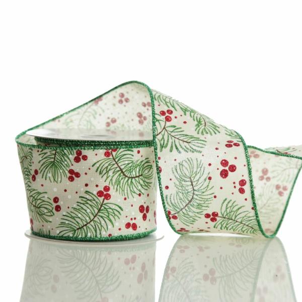 Ribbons | Wide White With Green Fir And Red Berry Ribbon – 6.5Cm Craft Ribbons